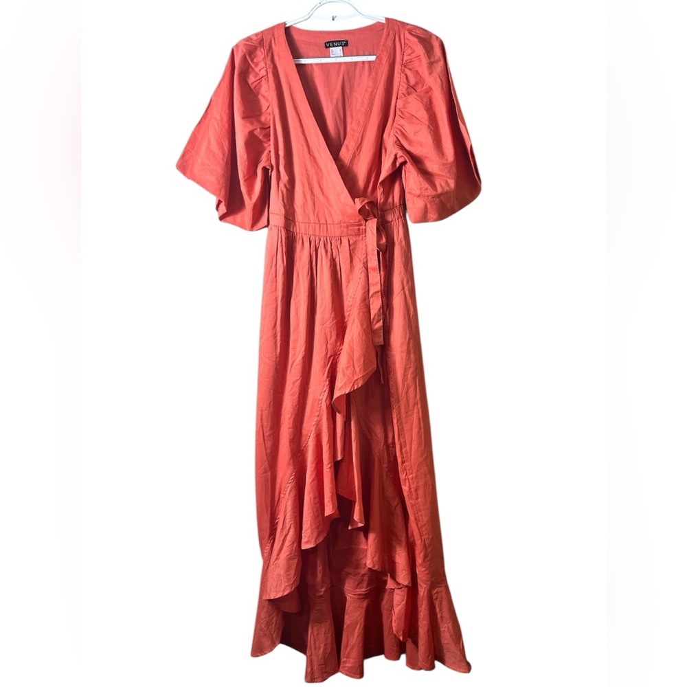 VENUS Coral Ruffle Wrap Maxi Dress High Low Hem Butterfly Sleeves Size 6 Boho - Picture 2 of 10